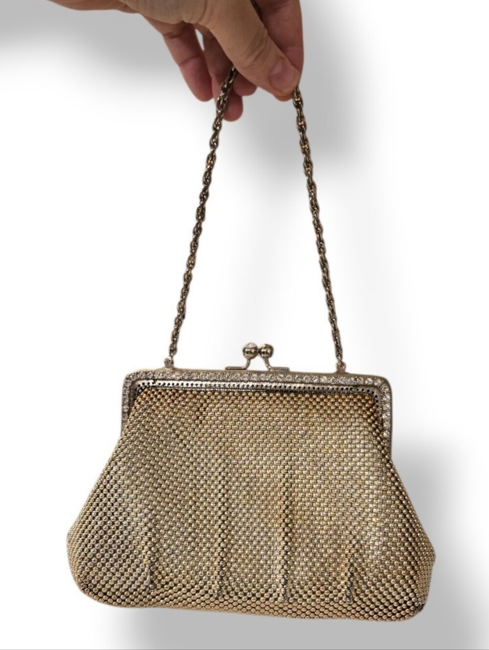 Whiting And Davis Gold tone Mesh Purse Clutch KissLock CZ Frame Blue Lining